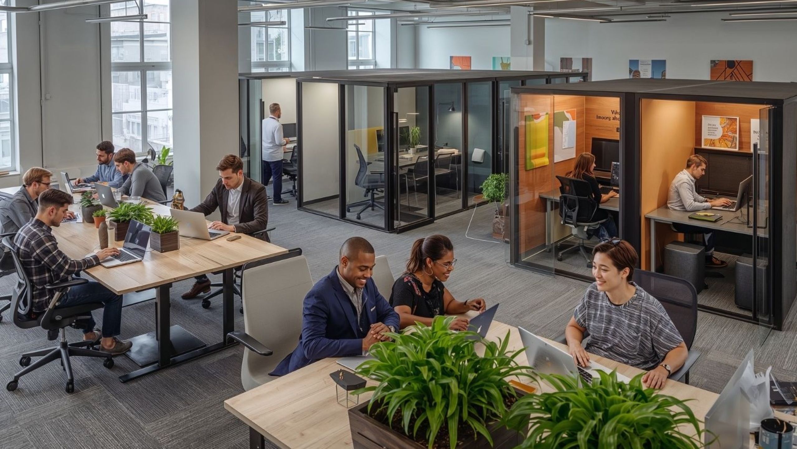 Flex offices in New York showing modern coworking space with executives and professionals in contemporary workspace