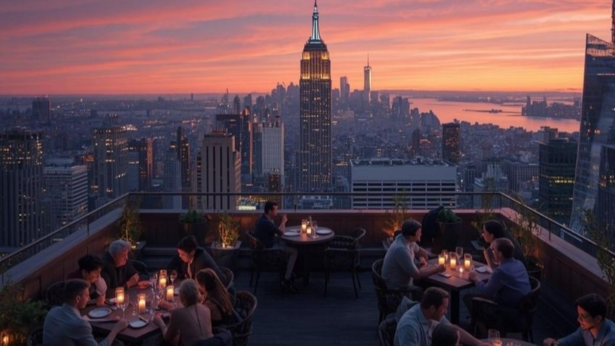 Rooftop bars NYC with golden hour Manhattan skyline view in spring