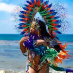 A woman in an elaborate feathered costume celebrates at the West Indian carnival parade on Eastern Parkway in Brooklyn.